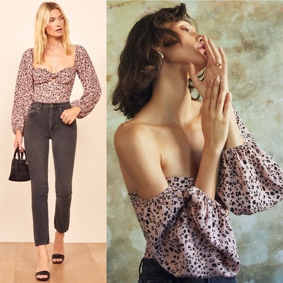 REFORMATION Leopard Sweetheart Neck Puff Sleeve Off-Shoulder Smocked Back Top 4 - Picture 1 of 8